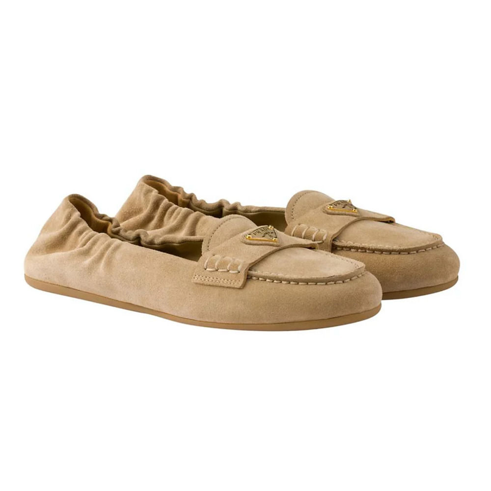 Prada Ecru Beige Suede Logo Scrunch Loafer Ballerina Ballet Moccasin Flat 38